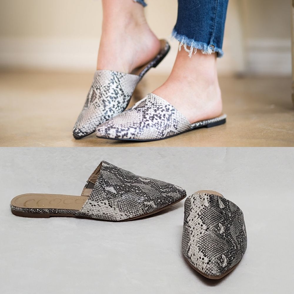 CCOCCI Lucy Gray Snakeskin Pointy Toe Elastic Slides 6.5